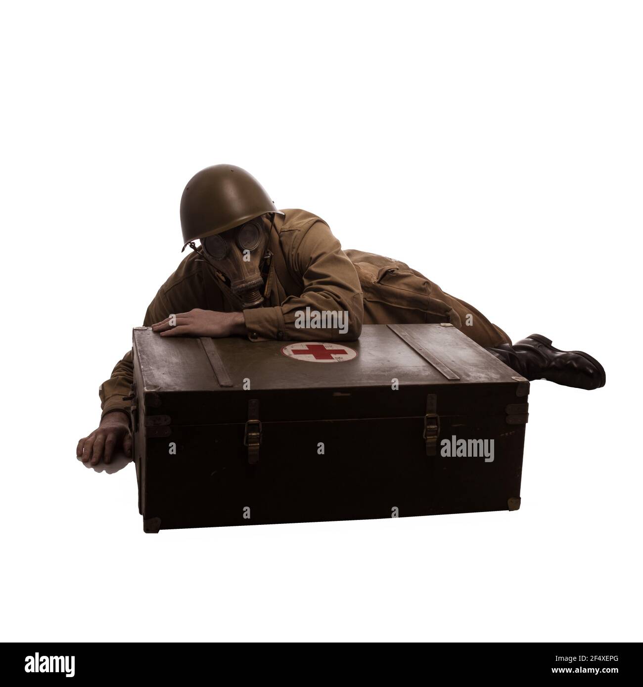 Uomo attore in uniforme militare di un soldato dell'Esercito Rosso dei tempi seconda Guerra Mondiale foto fatta nello stile di 'basso tasto' Foto Stock