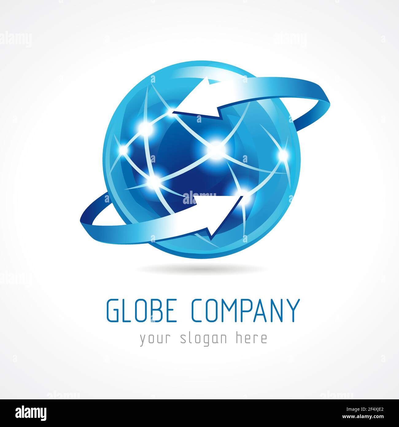 Logo Globe Company di Connecting. Firma per le tecnologie di Internet, le missioni globali, volare, le comunicazioni e altre aziende. Vetro colorato, intorno Illustrazione Vettoriale