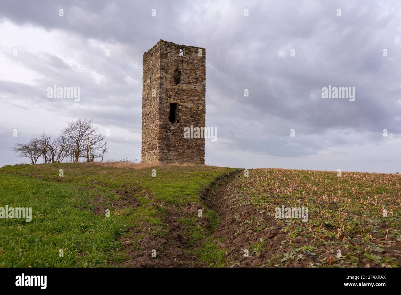 Magdeburgo, Germania. 21 Mar 2021. La 'Blaue Warte' tra Wanzleben e Oschersleben è una delle strutture più antiche del Magdeburger Börde. La torre di guardia fu costruita in pietre da campo nel 1438 come marcatore di confine tra le aree abitate dai popoli germanico e slavo. Solo altre due torri di guardia di questo periodo sono sopravvissute in Sassonia-Anhalt. Credit: Stefano Nosini/dpa-Zentralbild/ZB/dpa/Alamy Live News Foto Stock