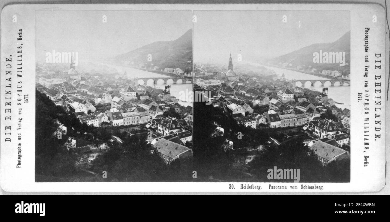 Heidelberg. Vista sulla città con Neckarbrücke. Vista dal Schlossberg von East. Fotografia (registrazione stereo) Foto Stock