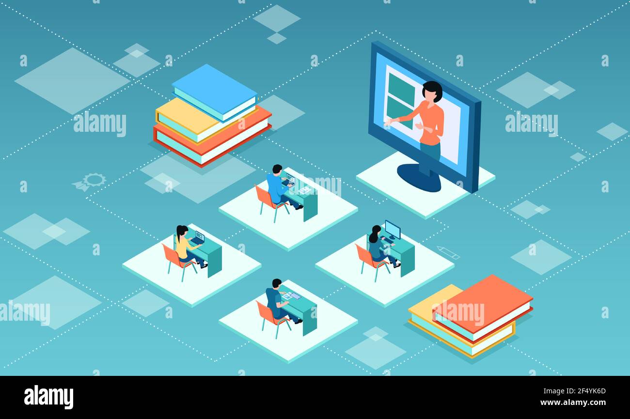 Vettore di studenti e un insegnante che utilizza una piattaforma interattiva online per la formazione online Illustrazione Vettoriale