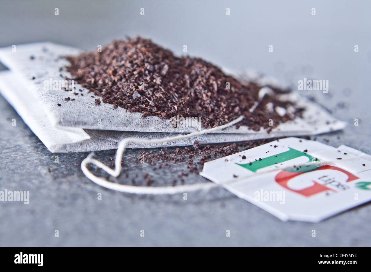 Tè PG sfuso di marca su una bustina di tè PG isolato da vicino su una superficie grigia Foto Stock