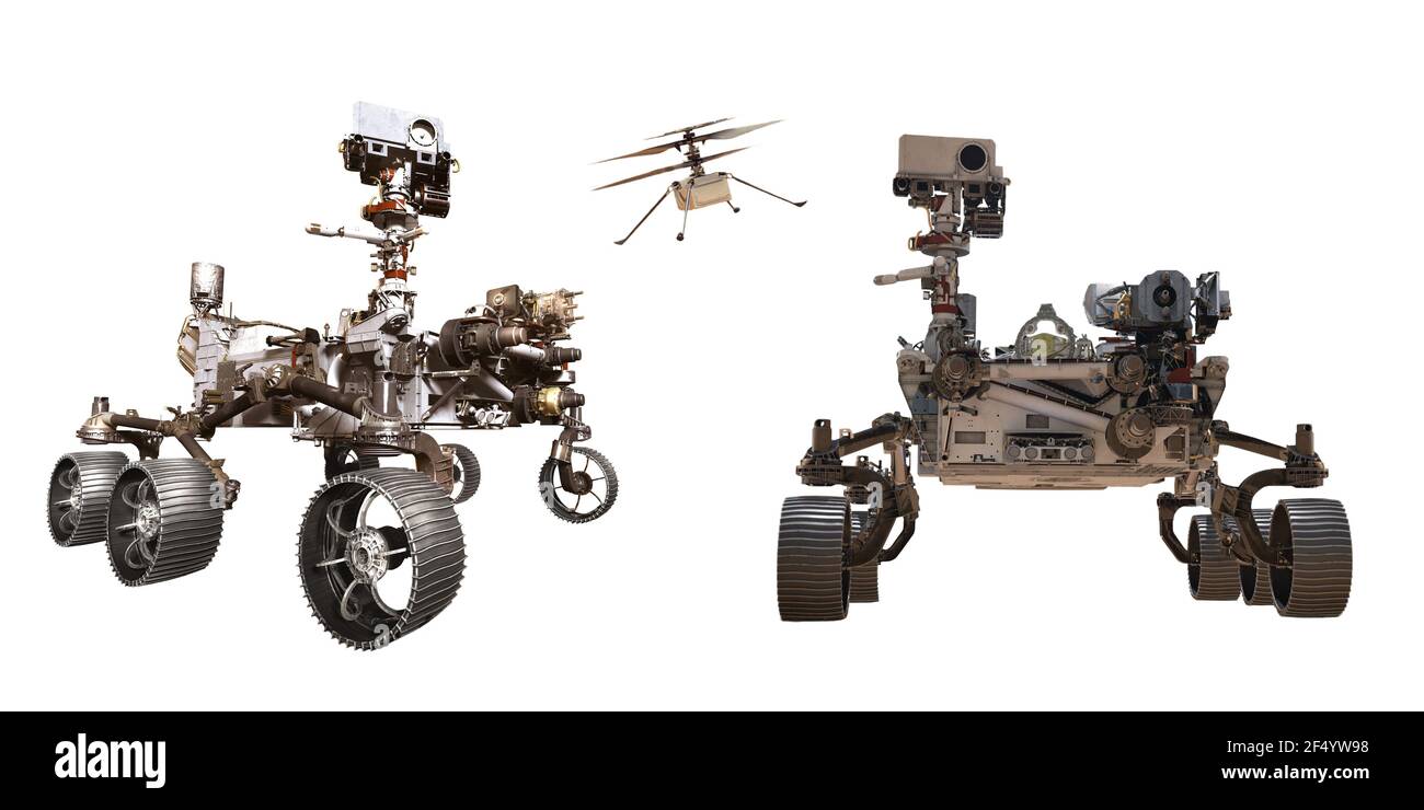 Curiosità e perseveranza Mars rover, ingegno elicottero drone isolato.elementi di questo Immagine fornita dall'illustrazione 3D della NASA Foto Stock