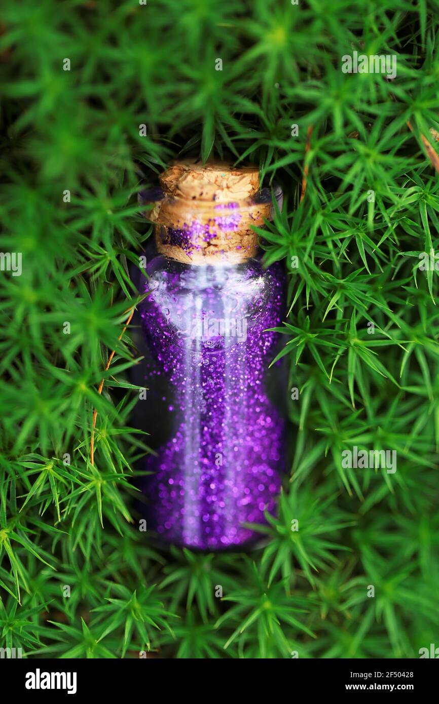 Magic Potion.Bottle con liquido lucente viola brillante in muschio verde. Concetto di magia e favole. Foto Stock