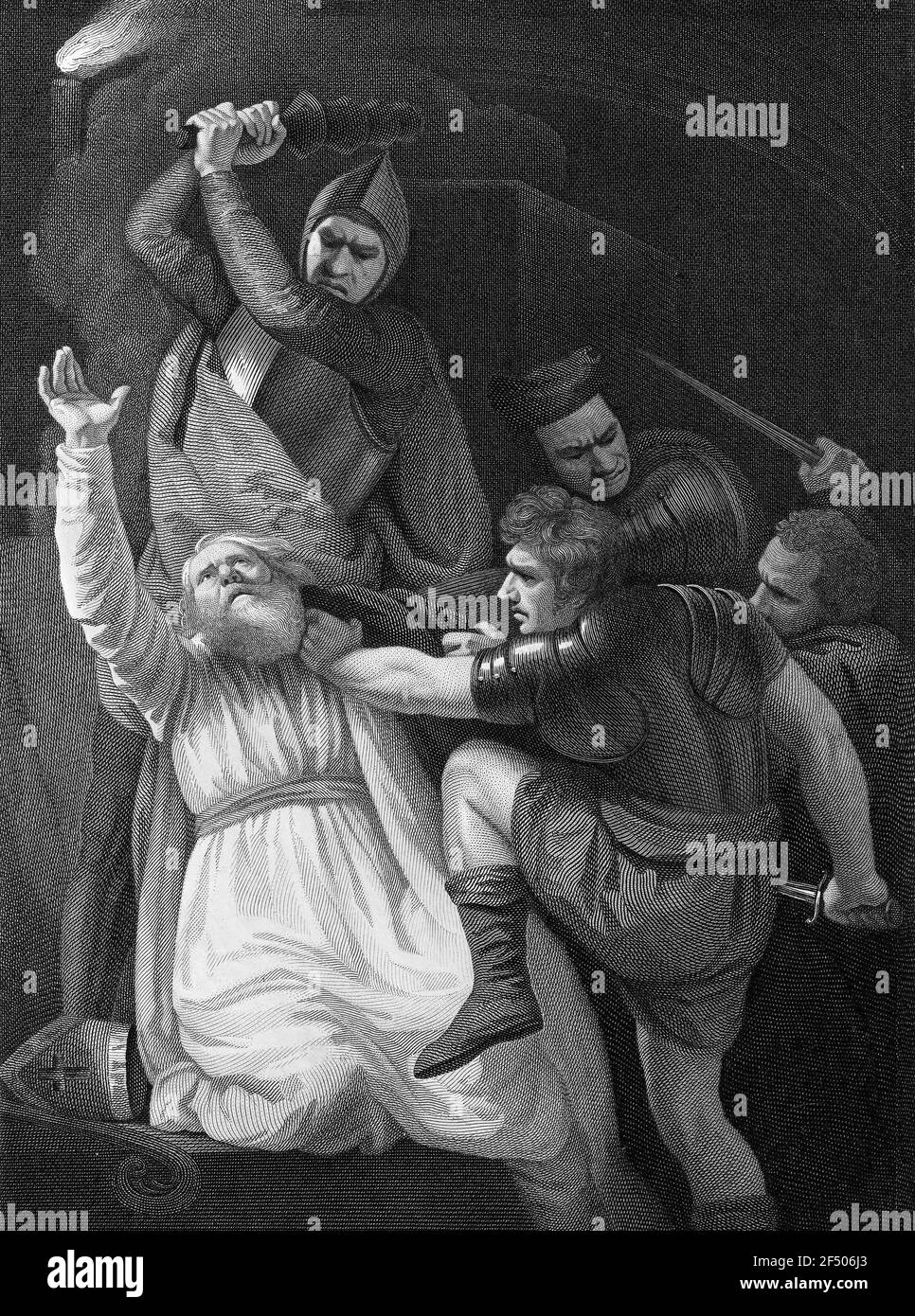 Thomas Becket. Un'illustrazione del 1793 di James Stow dopo un lavoro di John Opie, che mostra l'assassinio di Thomas a Becket. San Tommaso Becket (1119/1120-1170) fu arcivescovo di Canterbury quando fu ucciso dai seguaci del re Enrico II d'Inghilterra nel 1170 Foto Stock