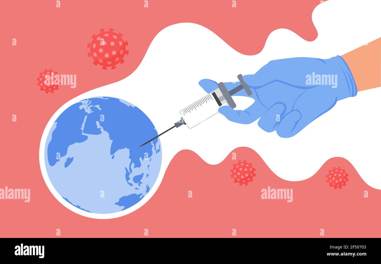 Vaccinazione, protezione mondiale dal concetto di coronavirus, mano medica e siringa Illustrazione Vettoriale