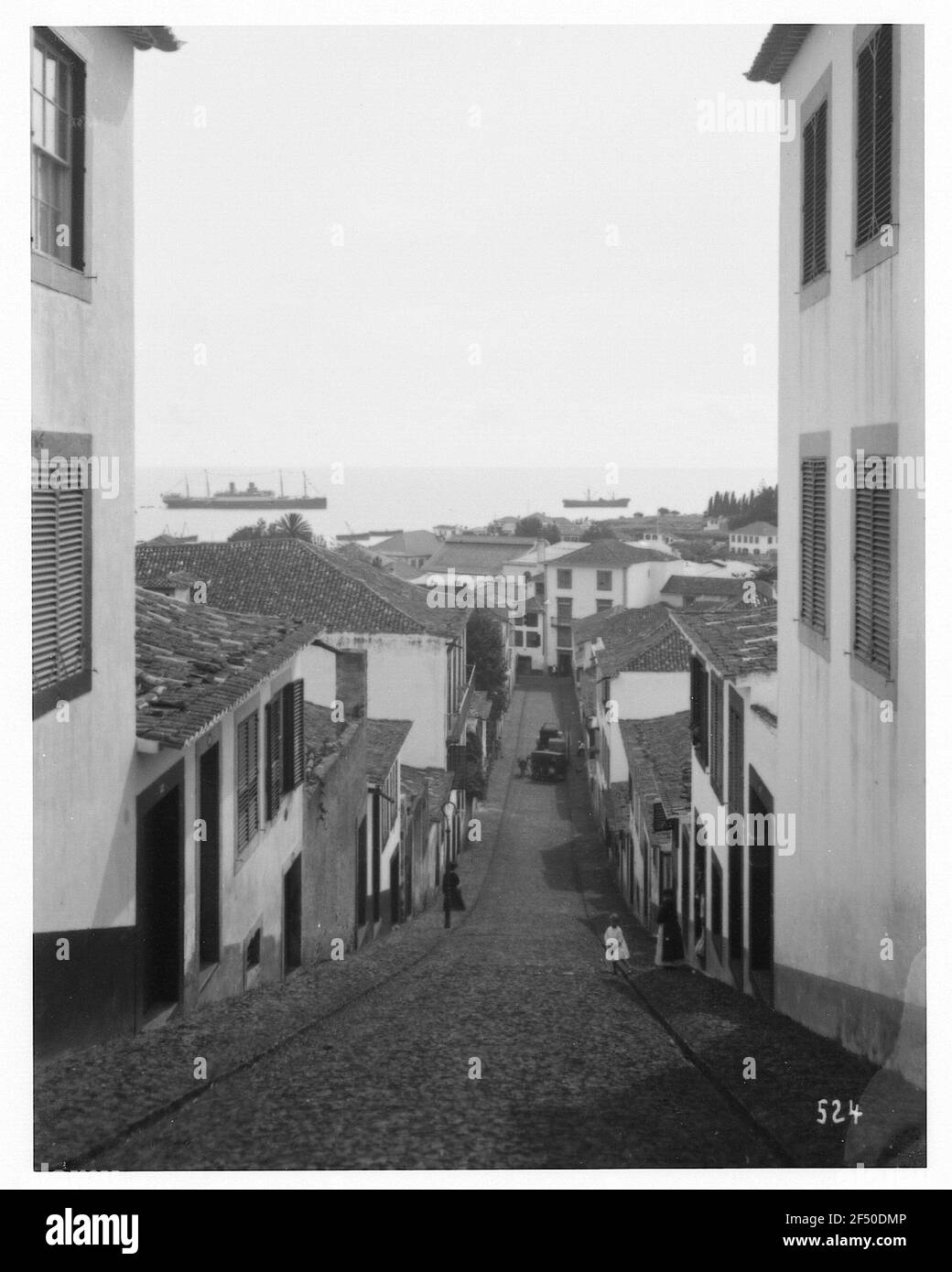 Funchal, Madeira. Vista attraverso una strada ripida in pendenza con case residenziali fino alla costa con il vaporetto passeggeri "Cleveland" in alto mare su Reede Foto Stock