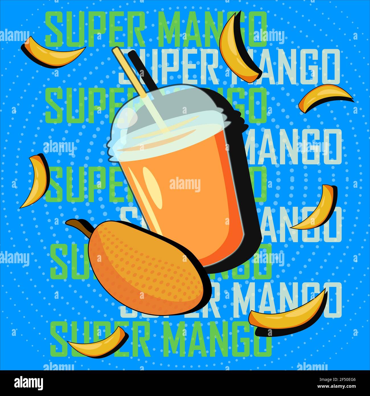 Vector pop art succo di mango bicchiere con pezzi di mango Illustrazione Vettoriale