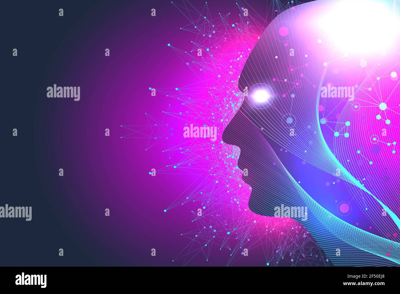 Intelligenza artificiale futuristica e concetto di apprendimento automatico. Visualizzazione dei big data umani. Wave Flow Communication, illustrazione scientifica. Foto Stock