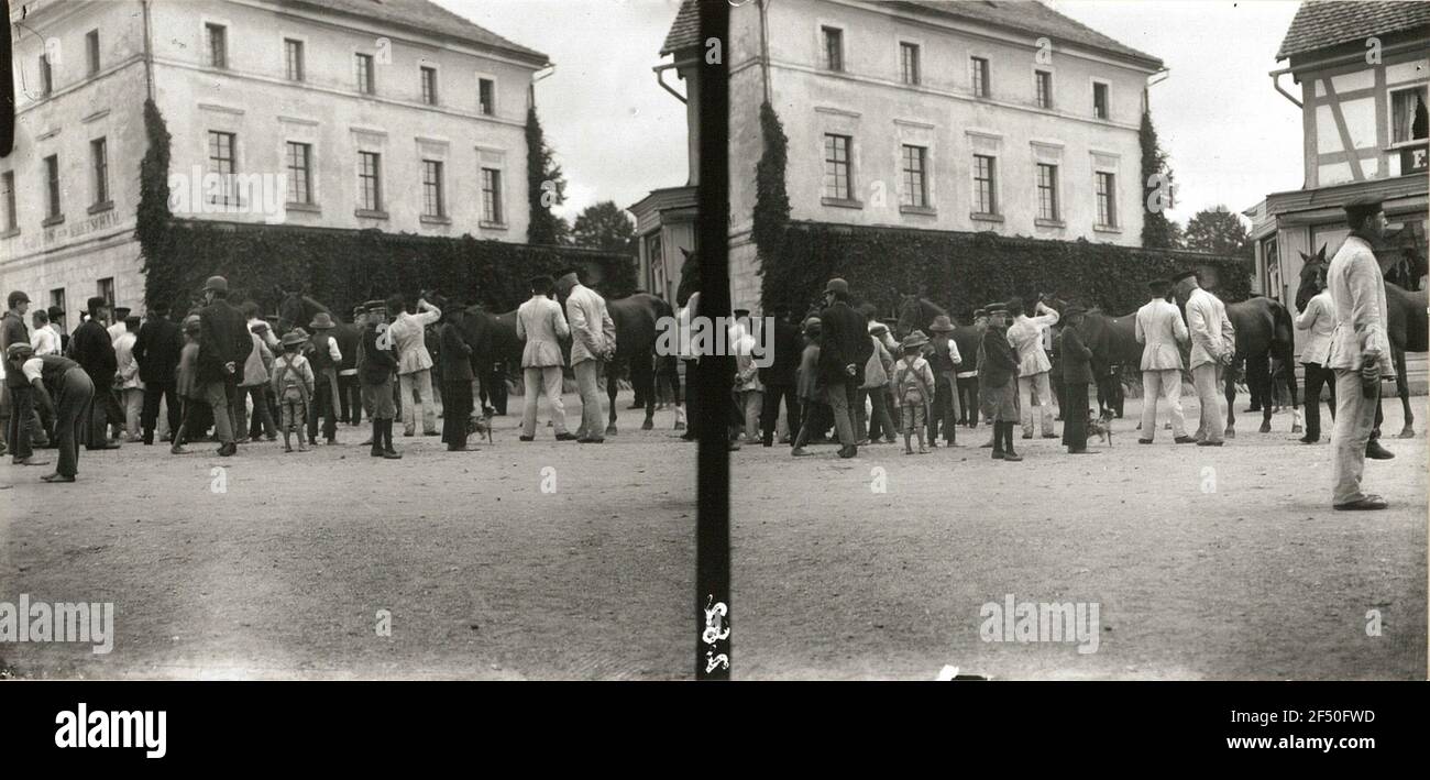 Seifhennersdorf. Manovre dell'Esercito reale Sassone nell'autunno 1897. Fatturazione nel villaggio. Dimostrazione dei cavalli a Kretscham Foto Stock