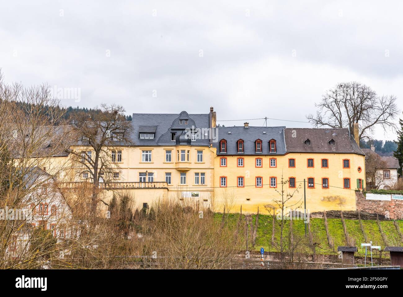Architettura enologica nella Valle della Mosella, Weingut Melsheimer, Klostermühle Siebenborn, Maring-Noviand, Germania Foto Stock