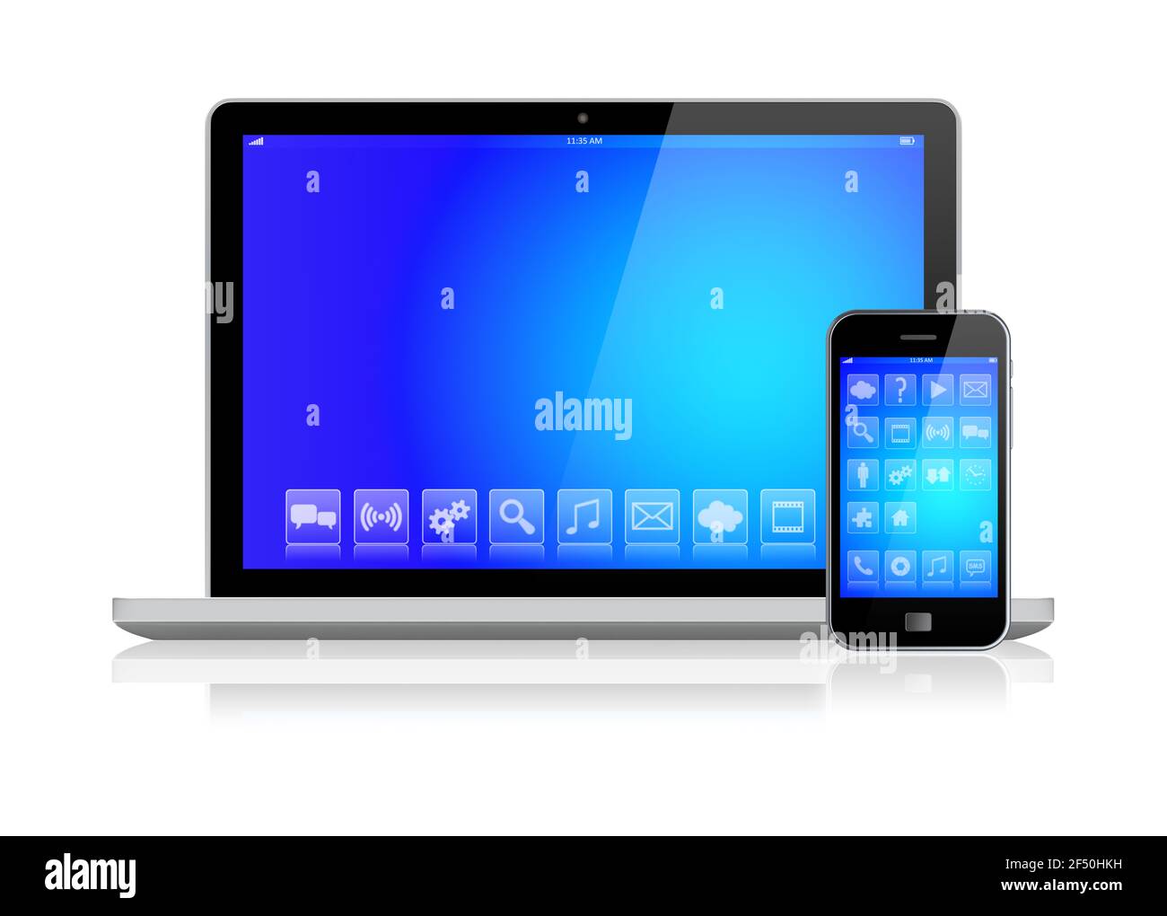 Gadget per notebook e smartphone con sfondo blu e app sullo schermo di un dispositivo. Isolato su un bianco. immagine 3d Foto Stock