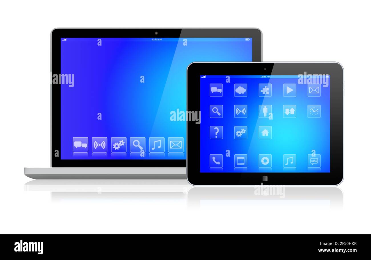 Gadget per computer notebook e tablet con sfondo blu e app sullo schermo di un dispositivo. Isolato su un bianco. immagine 3d Foto Stock