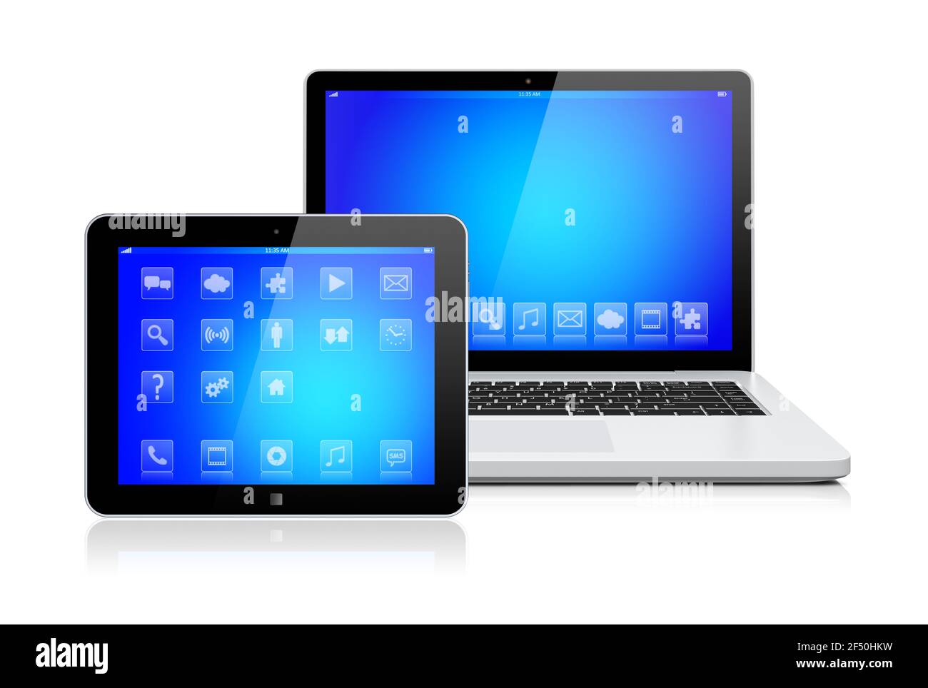 Gadget per computer notebook e tablet con sfondo blu e app sullo schermo di un dispositivo. Isolato su un bianco. immagine 3d Foto Stock