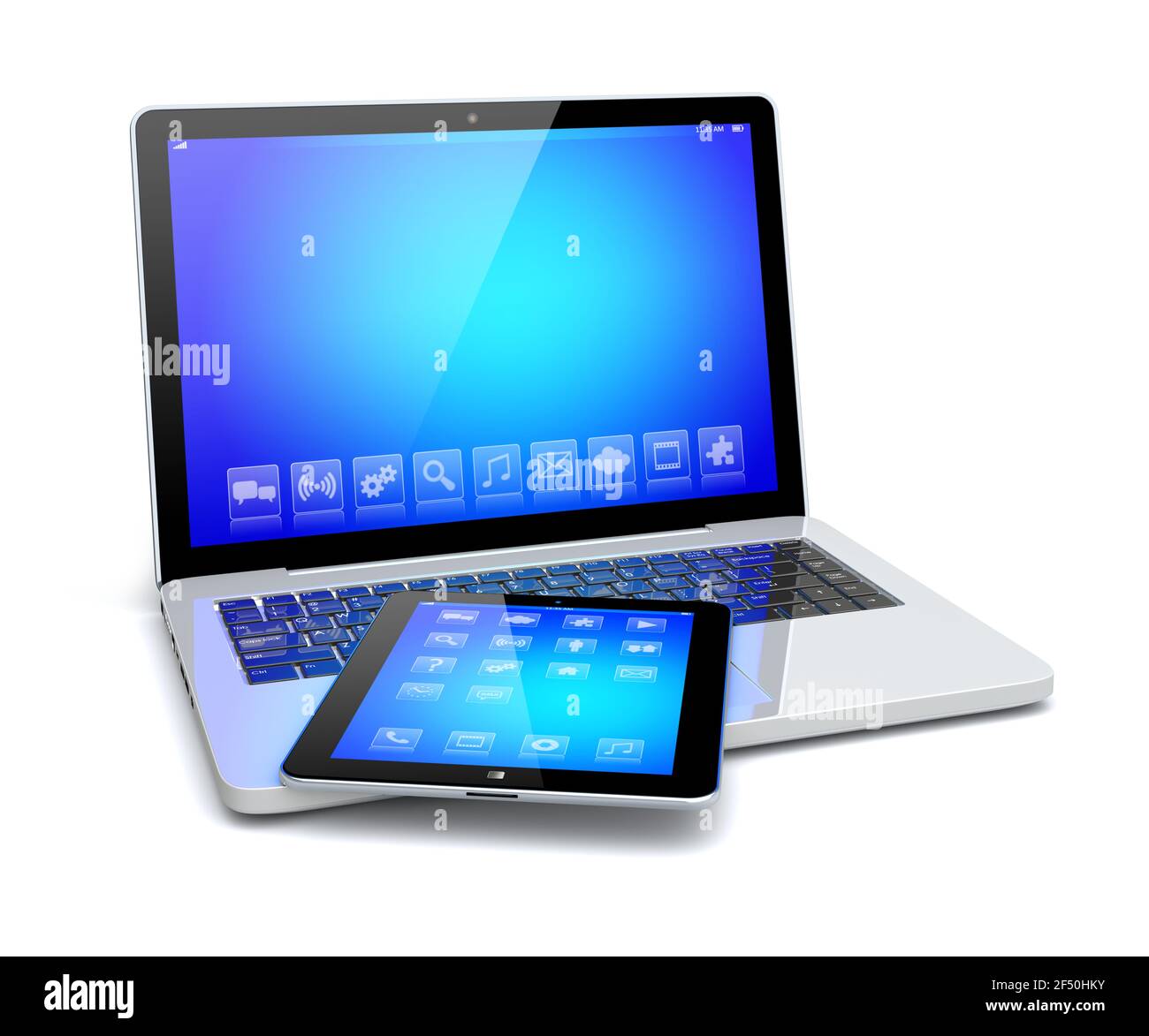 Gadget per computer notebook e tablet con sfondo blu e app sullo schermo di un dispositivo. Isolato su un bianco. immagine 3d Foto Stock