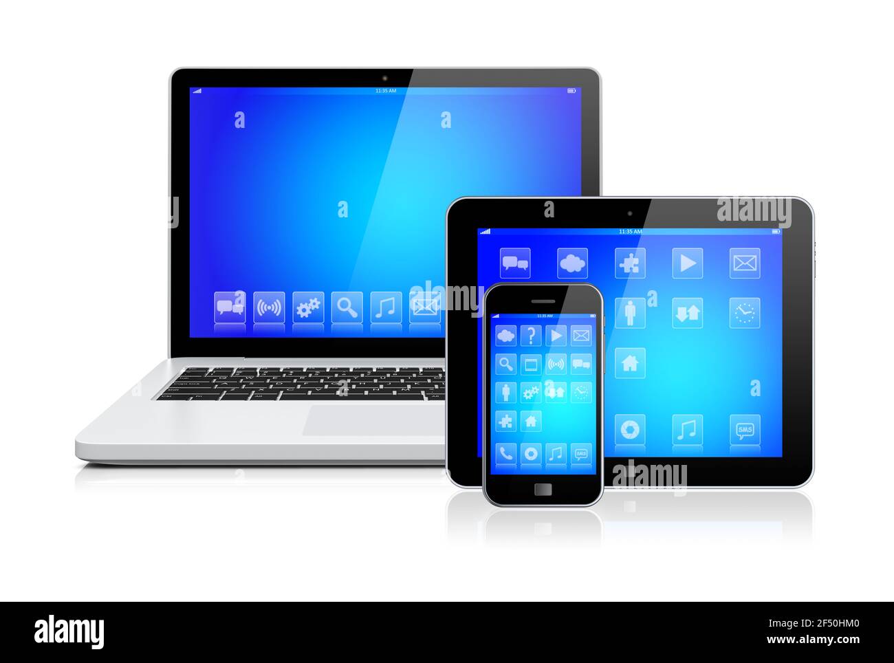 Notebook, computer tablet e smartphone mobile con sfondo blu e app sullo schermo di un dispositivo. Isolato su un bianco. immagine 3d Foto Stock