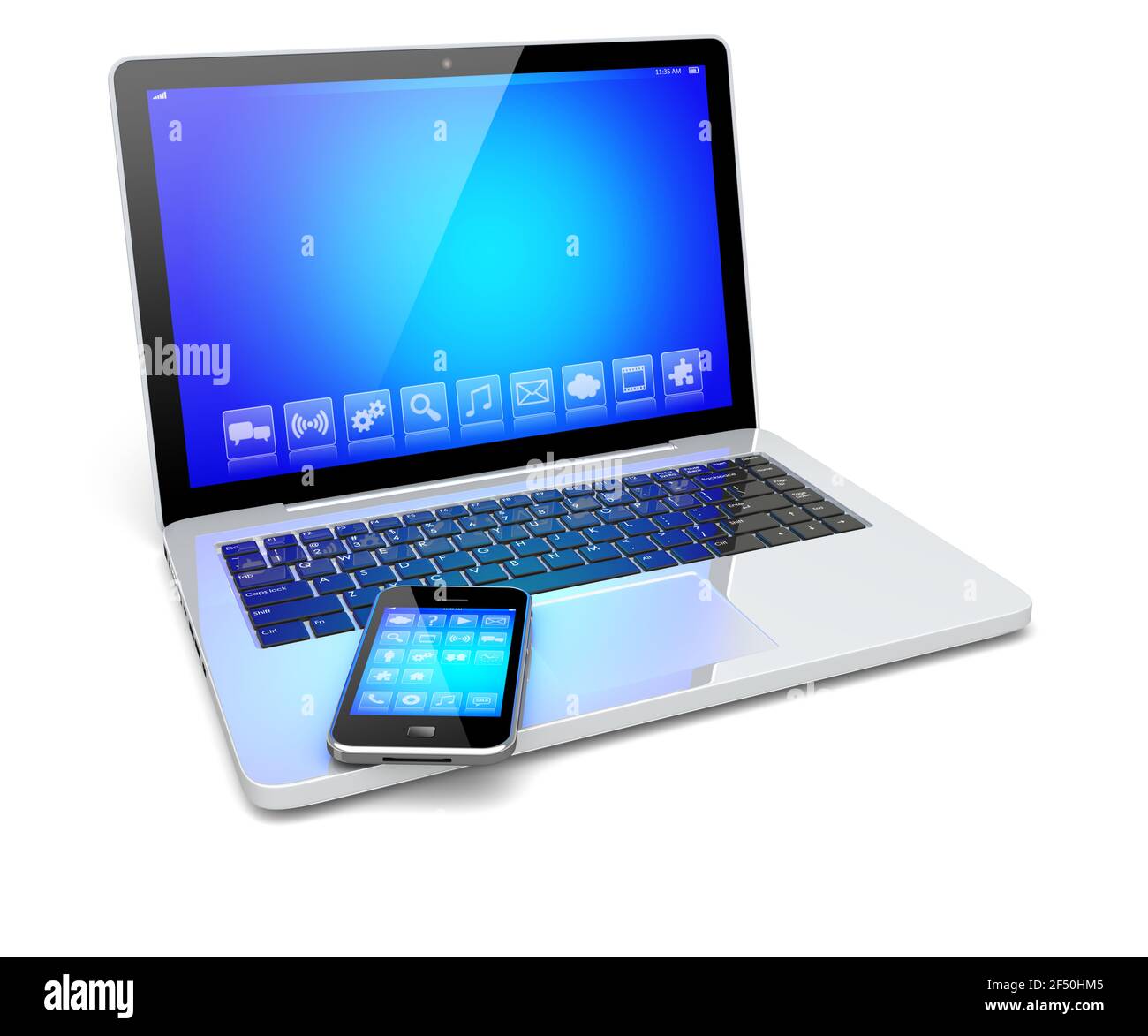 Gadget per notebook e smartphone con sfondo blu e app sullo schermo di un dispositivo. Isolato su un bianco. immagine 3d Foto Stock