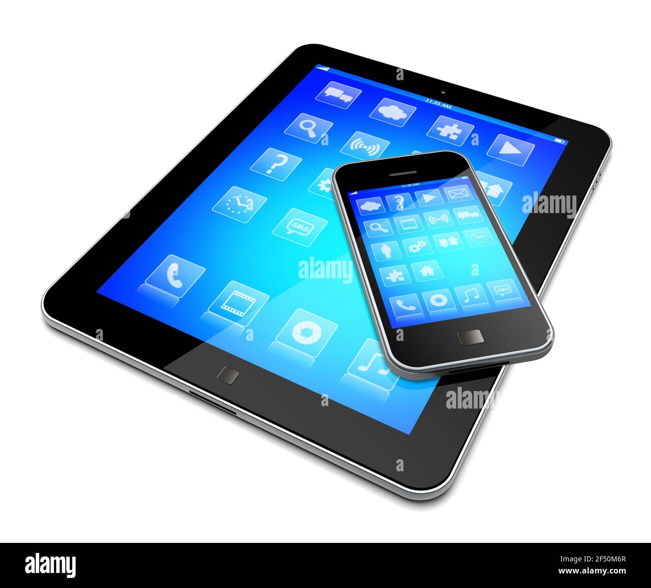 Tablet pc e smartphone mobile con sfondo blu e app sullo schermo di un dispositivo. Isolato su un bianco. immagine 3d Foto Stock