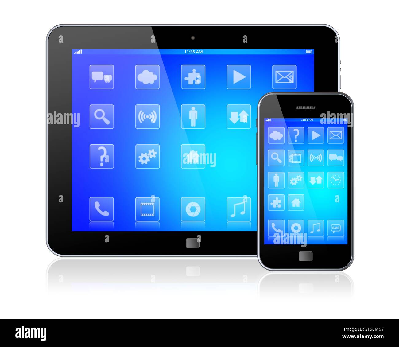 Tablet pc e smartphone mobile con sfondo blu e app sullo schermo di un dispositivo. Isolato su un bianco. immagine 3d Foto Stock