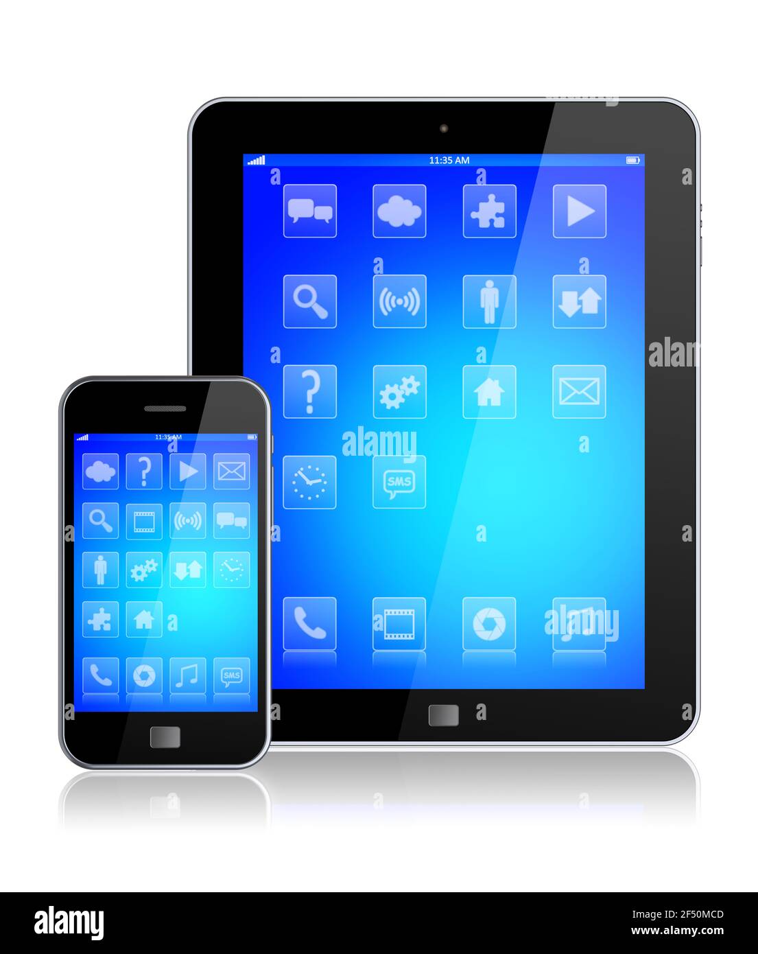 Tablet pc e smartphone mobile con sfondo blu e app sullo schermo di un dispositivo. Isolato su un bianco. immagine 3d Foto Stock