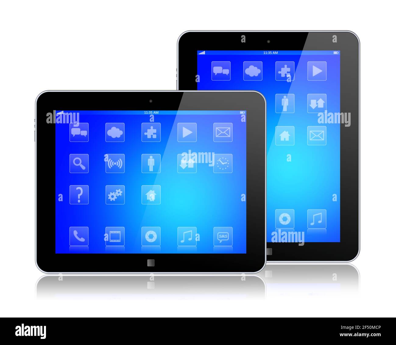 Gadget per computer tablet con schermo blu e app. immagine 3d Foto Stock