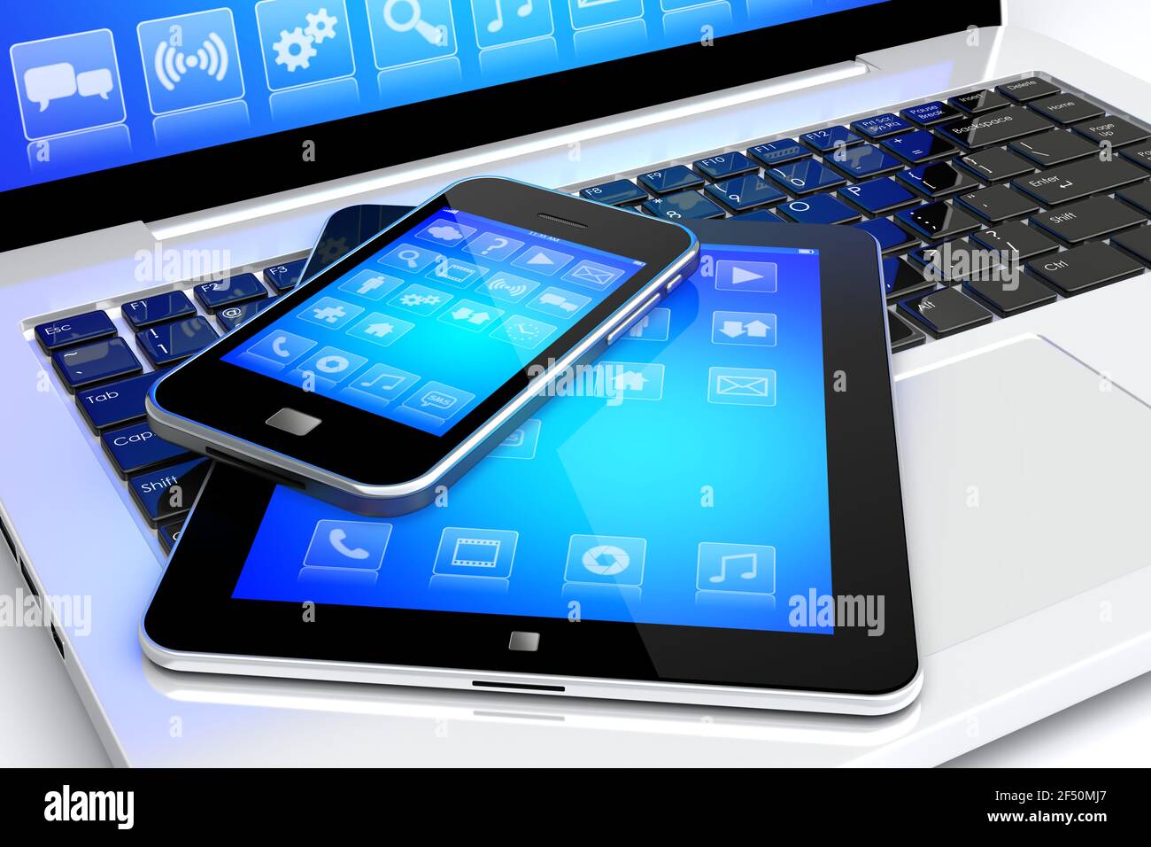 Notebook, computer tablet e smartphone mobile con sfondo blu e app sullo schermo di un dispositivo. Isolato su un bianco. immagine 3d Foto Stock