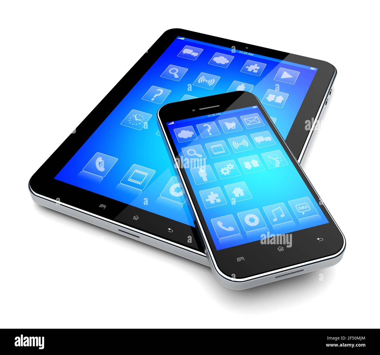 Tablet pc e smartphone mobile con sfondo blu e app sullo schermo di un dispositivo. Isolato su un bianco. immagine 3d Foto Stock