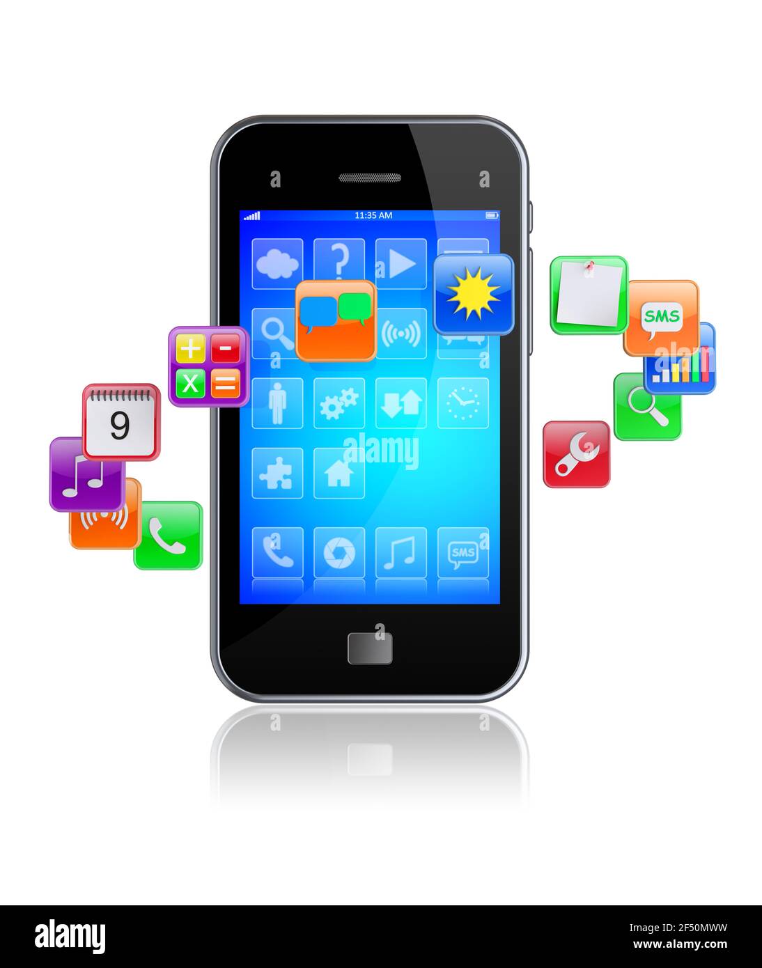 Smartphone mobile con icone delle applicazioni software intorno a . immagine 3d Foto Stock