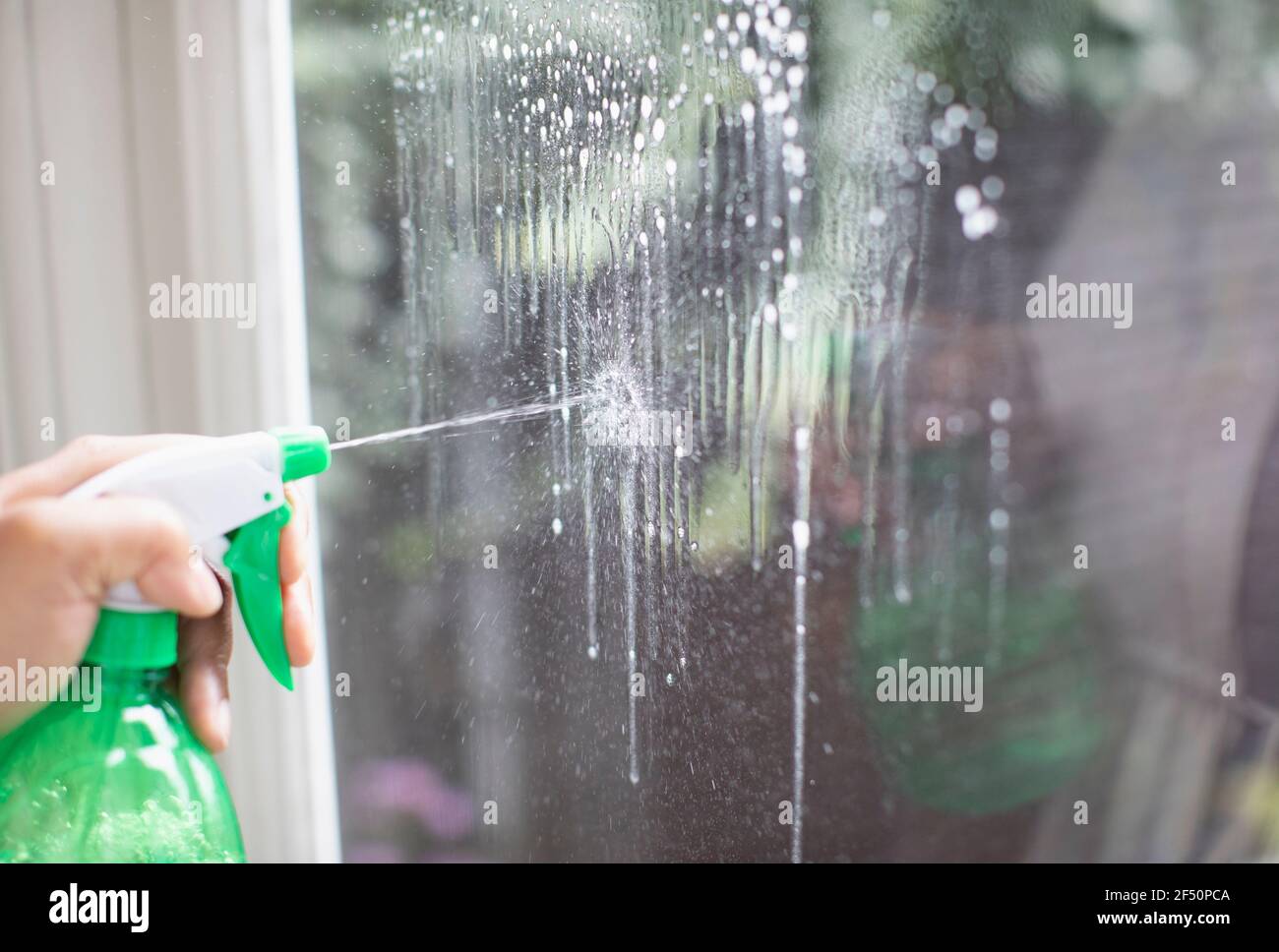 Chiudere la finestra di pulizia con il detergente per bottiglie spray Foto Stock