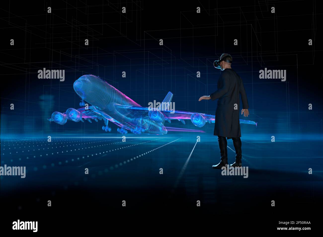 Uomo con visore VR che guarda il decollo olografico dell'aereo Foto Stock