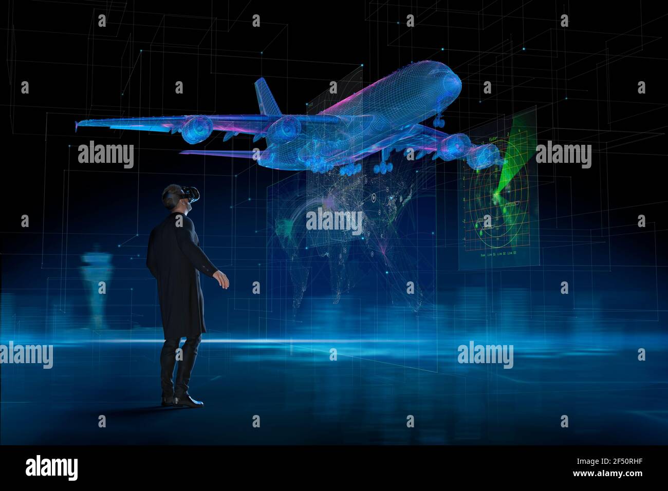 Uomo d'affari con visore VR che guarda il decollo di aerei olografici Foto Stock