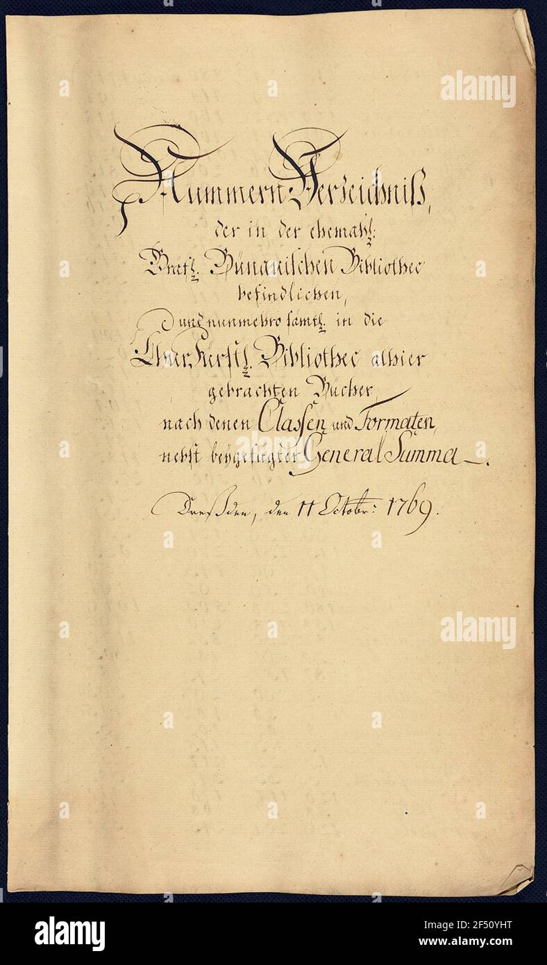 Numero elenco dei libri che si trovano nella ex biblioteca di conteggio Bünauische e che sono stati introdotti nella Biblioteca elettorale, 1769 Foto Stock