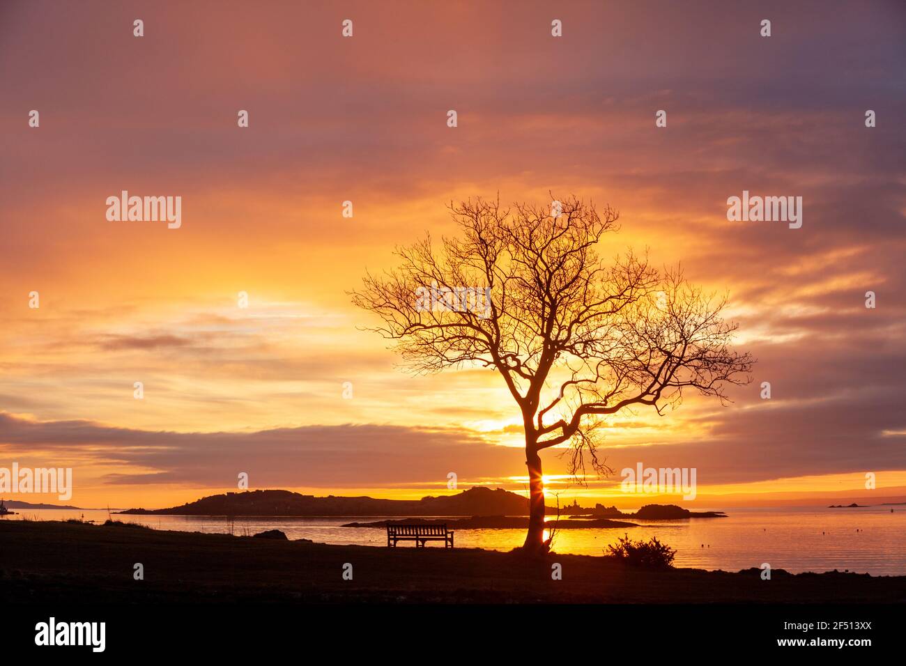 Alba sopra l'abbazia di Inchcolm a Dalgety Bay Fife Scozia Foto Stock