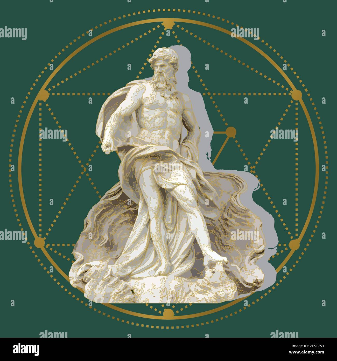 Rendering 3D della statua di Zeus contro un verde sfondo con forme geometriche su di esso Foto Stock