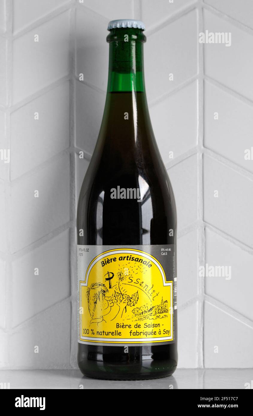 Bottiglia di Fantome Pissenlit Farmhouse Ale - birra artesanale belga in stile Saison, prodotta da Brasserie Fantome a Soy, Belgio, con percorso di ritaglio Foto Stock