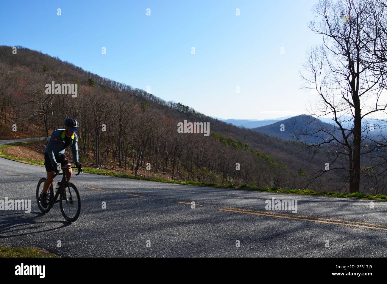Un ciclista corre sulle montagne lungo la Blue Ridge Parkway fuori Asheville, North Carolina. Foto Stock