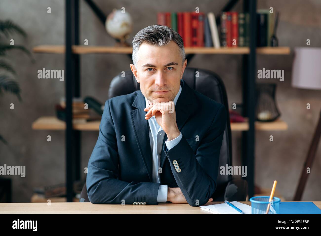 Ritratto di un influente caucasico successo CEO con capelli grigi, avvocato o leader aziendale, guarda la fotocamera, seduto in ufficio, vestito in un abito formale, sorrisi piacevoli Foto Stock