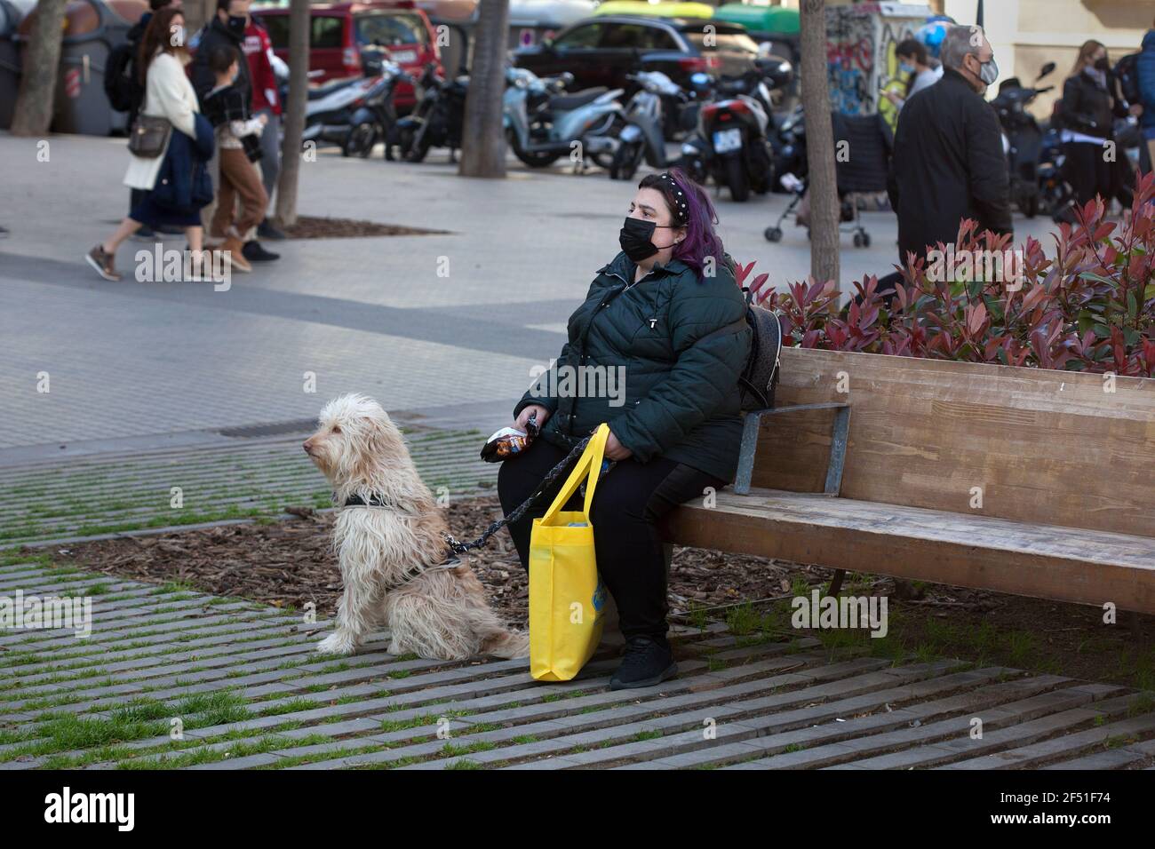 Donna seduta con il suo cane, Barcellona, Spagna. Foto Stock