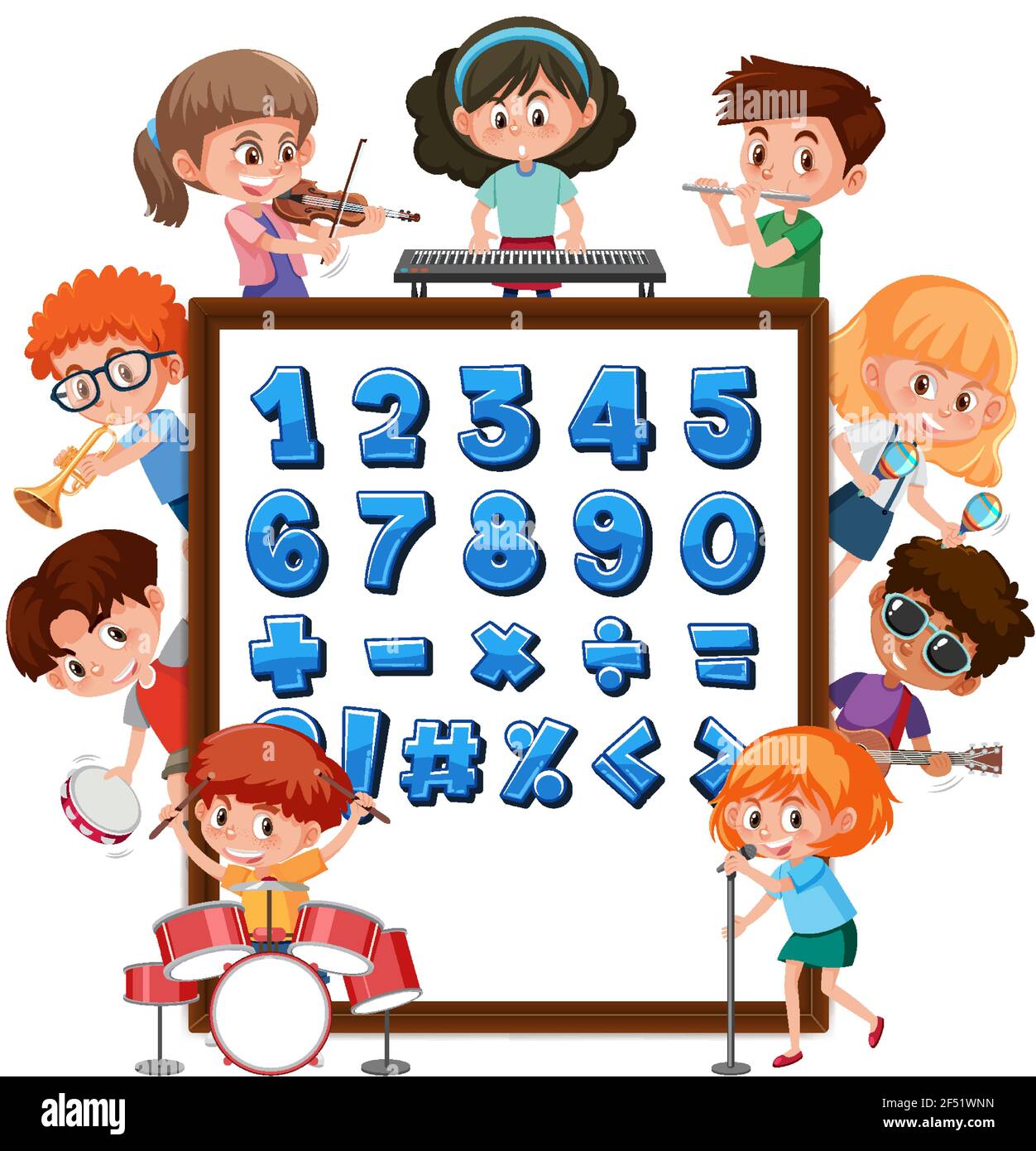 Numeri da 0 a 9 e simboli matematici sul banner con molti bambini che fanno attività diverse illustrazione Illustrazione Vettoriale