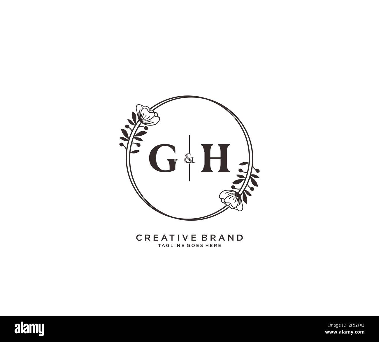 Logo botanico femminile e floreale disegnato a mano con lettere GH adatto per salone termale pelle capelli bellezza boutique e società cosmetica. Illustrazione Vettoriale