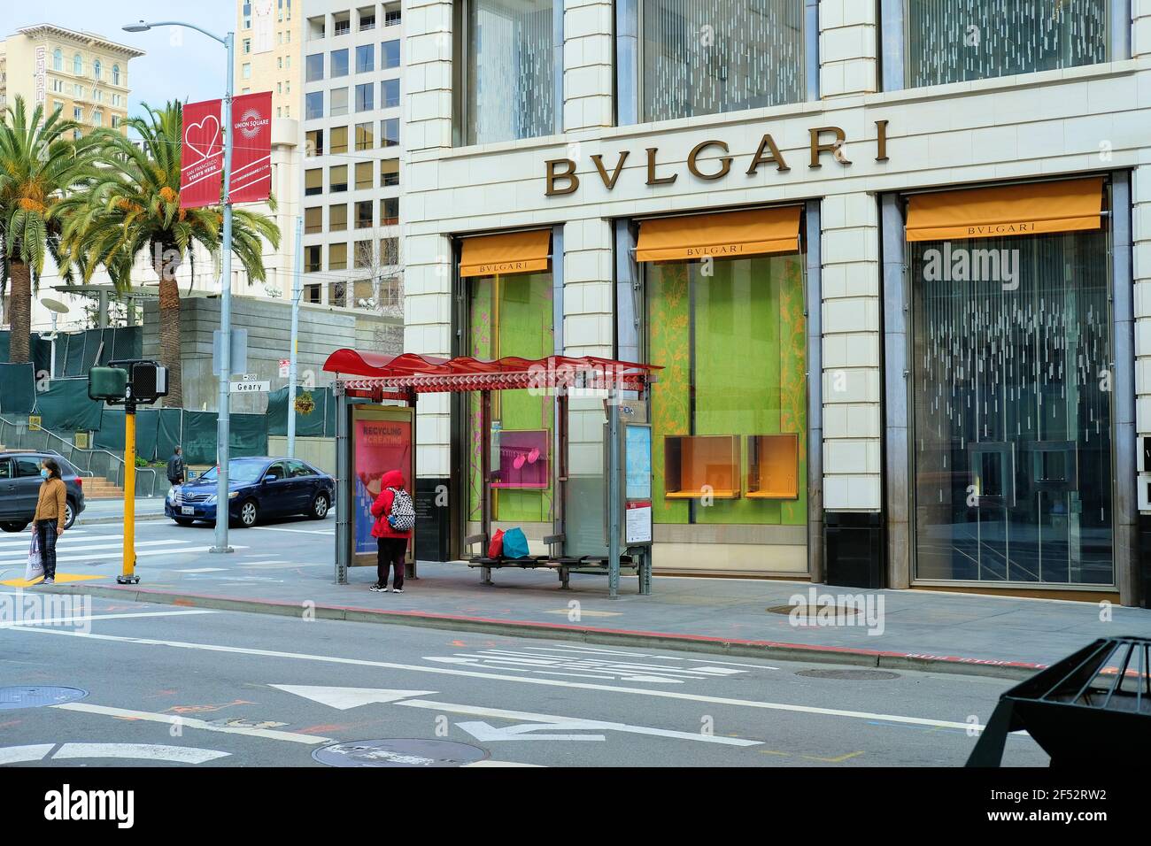 Il negozio di marca Bulgari a San Francisco, l'esclusivo quartiere dello shopping di Union Square in California. Foto Stock