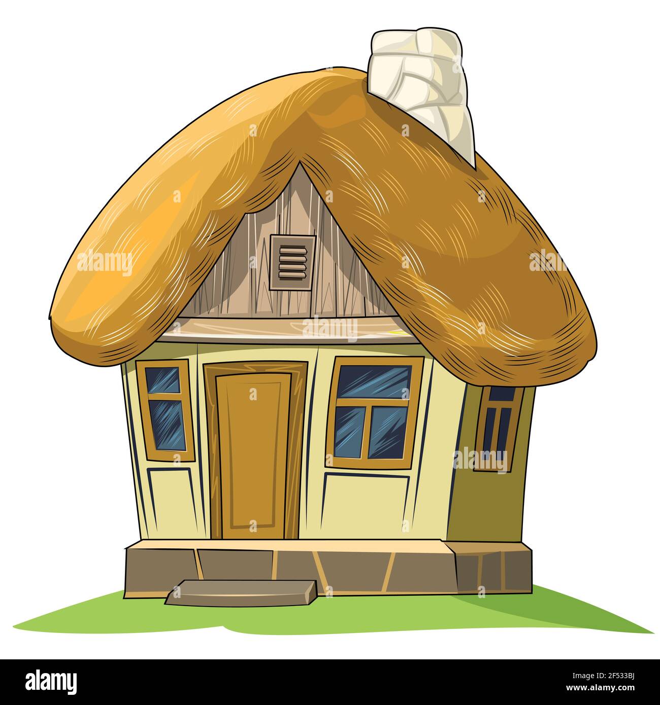 Vecchia casa con tetto di paglia. Favoloso oggetto cartoon. Carino stile infantile. Un'antica dimora. Minuscolo, piccolo. Isolato su bianco. Vettore Illustrazione Vettoriale