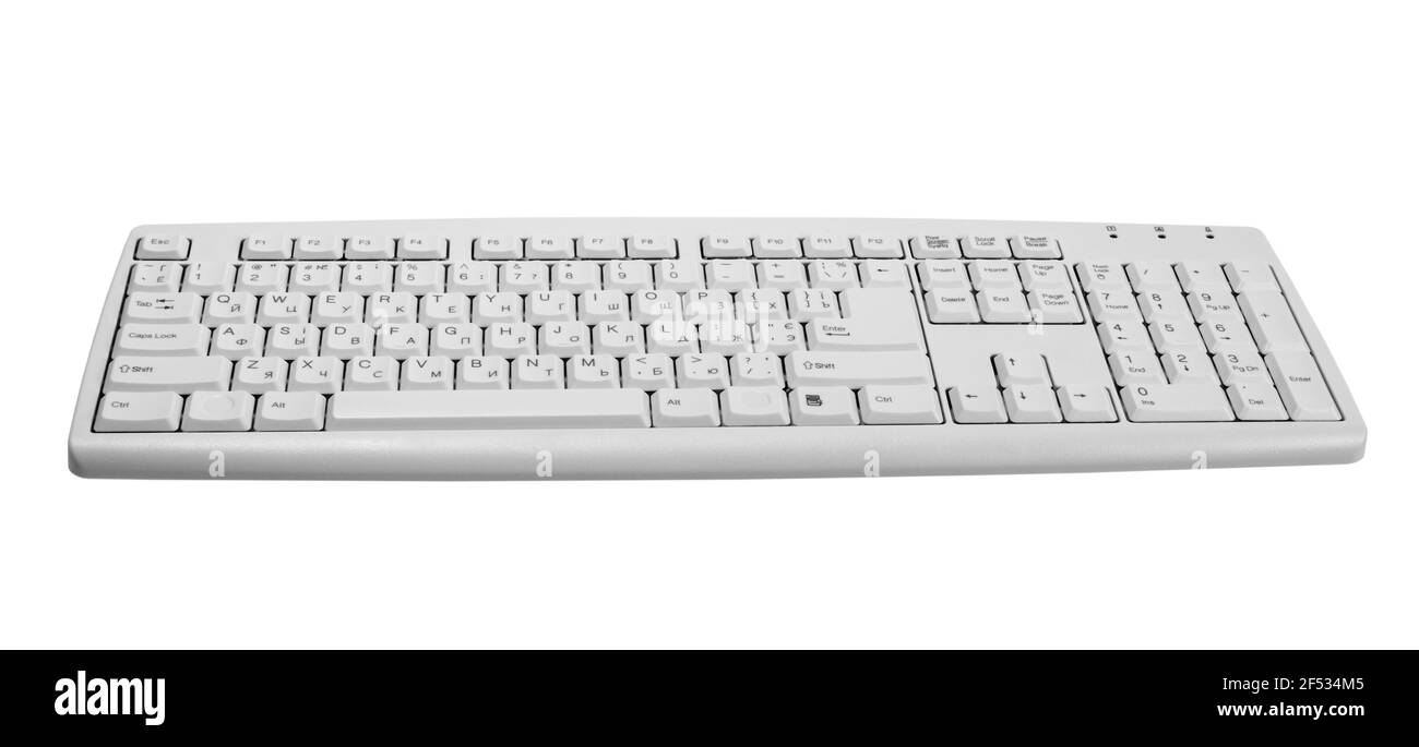 Vista prospettica della tastiera PC per Office Home lavorare con lettere cirilliche in russo inglese. Tastiera per computer Qwerty multimedia Wired 104 tasti bianco w Foto Stock Vista prospettica della tastiera PC per Office Home lavorare con lettere cirilliche in russo inglese. Tastiera per computer Qwerty multimedia Wired 104 tasti bianco w Foto Stock