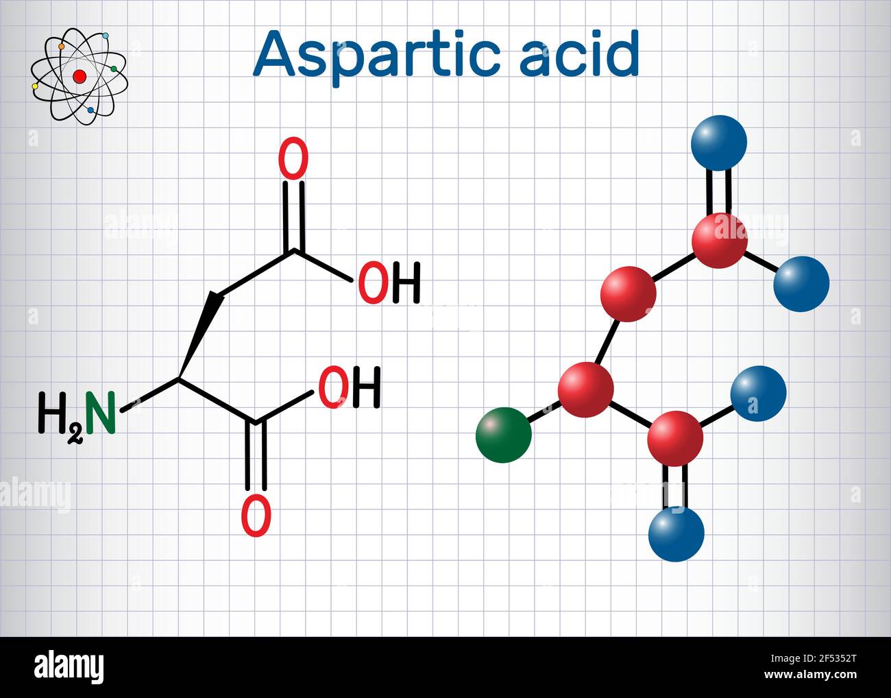 Acido aspartico (acido L-aspartico, ASP, D, aspartato) molecola aminoacidica proteinogena. Foglio di carta in gabbia. Formula chimica strutturale e mole Illustrazione Vettoriale