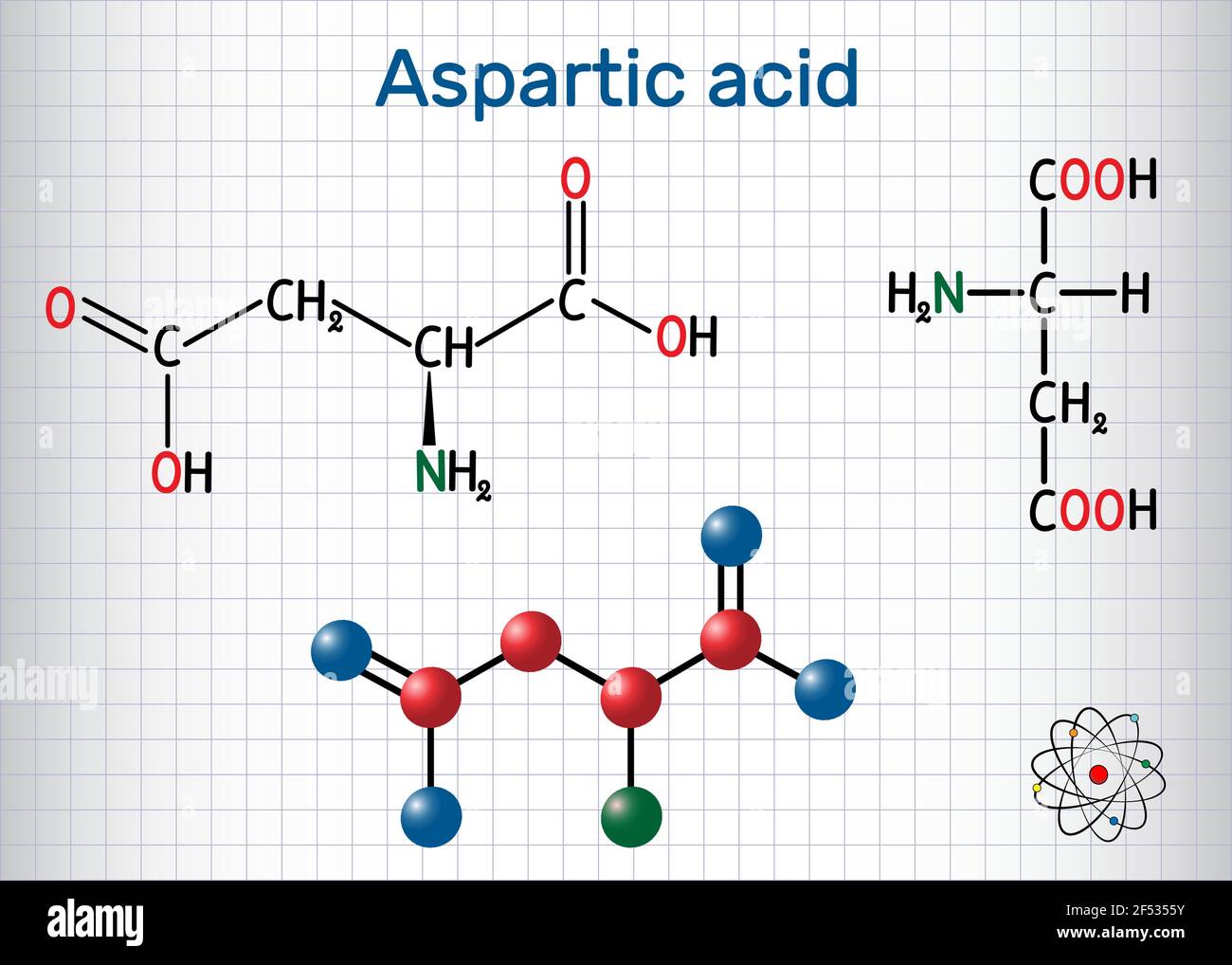 Acido aspartico (acido L-aspartico, ASP, D, aspartato) molecola aminoacidica proteinogena. Foglio di carta in gabbia. Formula chimica strutturale e mole Illustrazione Vettoriale