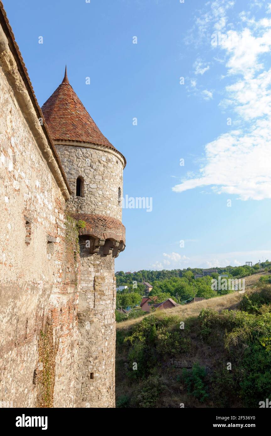 Primo piano in una torre del castello di Corvin a Hunedoara, Romania Foto Stock