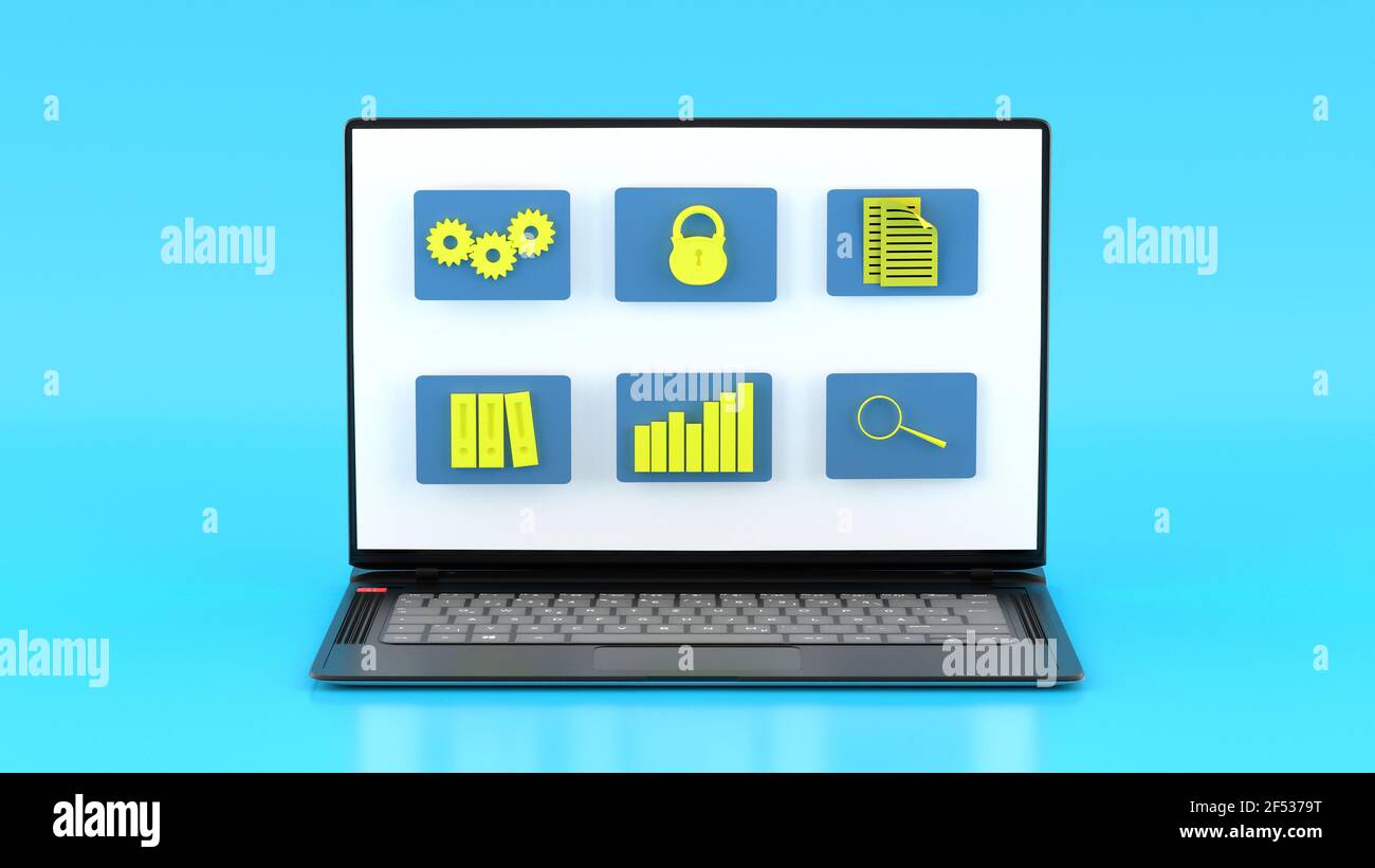 Immagine della gestione dei documenti con icone. Computer portatile con simboli di informazioni virtuali. Rendering 3D. Foto Stock