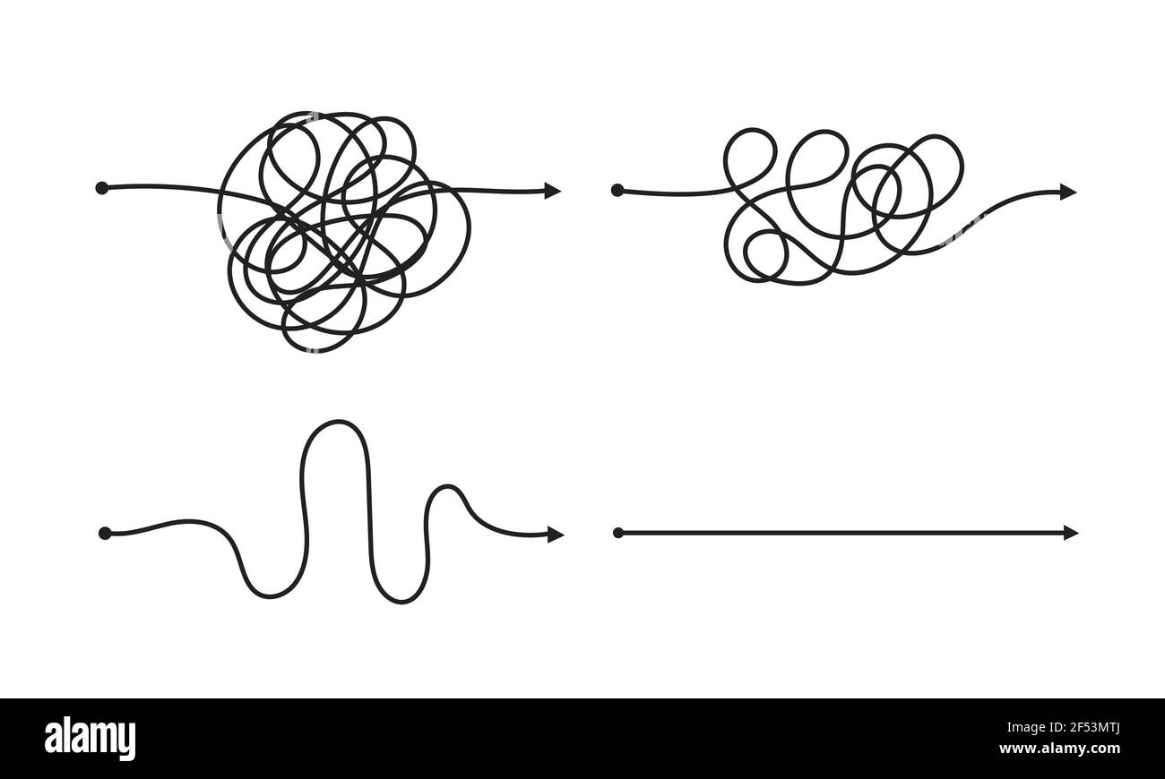 Metodo semplice e complesso dall'inizio alla fine del set di illustrazioni vettoriali. Caos semplificazione, risoluzione dei problemi e ricerca di soluzioni aziendali sfida co Illustrazione Vettoriale