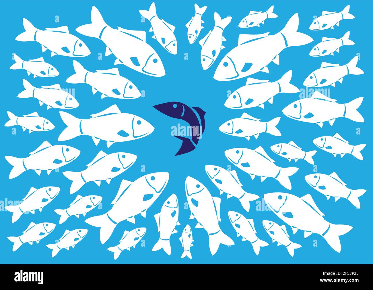 Gruppo di pesci bianchi che circondano un singolo pesce scuro di una specie diversa. Illustrazione concettuale di cartoni animati vettoriali per la conformità sociale o per essere spe Illustrazione Vettoriale