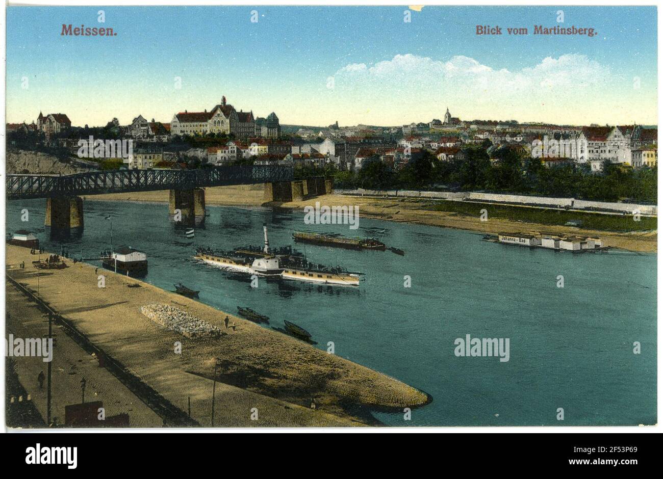 Vista dal Martinsberg, Elba con vaporetto, ponte ferroviario Meissen. Bl. Martinsberg, Elbe m. Vaporiera, ponte ferroviario Foto Stock